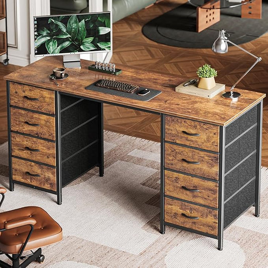 Huuger 55 Inch Computer Desk with 8 Fabric Drawers, Office Desk Work Desk for Home Office, Study, Gaming Desk with Drawers, Large Storage, Rustic Brown