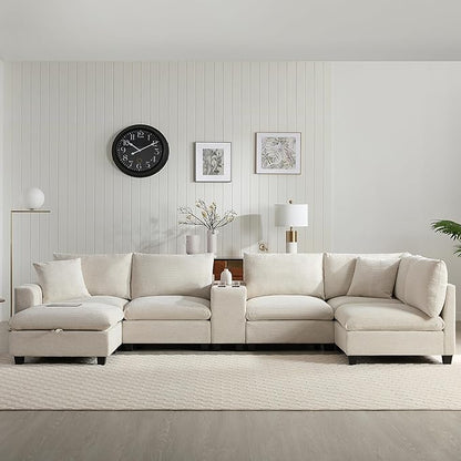 Merax 140'' Oversized Modular Sectional Sofa with Storage Ottoman and Console, Removable Storage Pockets, Cup Holder, Wide Seat, USB Charger, 6 Seat U Shaped Chenille Couch Set for Living Room, Beige