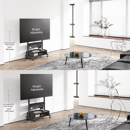 FITUEYES Rolling TV Floor Stand for 40-85in TVs, Heavy Duty Mobile TV Stand on Wheels Lockable, TV Cart with Wooden Large Storage Shelf & Pegboard Hold up to 132 lbs for Bedroom, Living Room, Office