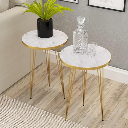 PAK HOME - Set of 2 End Table - High Gloss White Marble Look with Gold Metal Legs Round Wood Sofa Side Coffee Tables for Small Spaces, Nightstand Bedside Table for Bedroom, Living Room