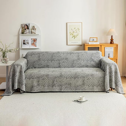 STACYPIK Geometric Pattern Sofa Cover Blanket, Black Couch Throw for Living Room, Couch Covers for Dogs, Washable Furniture Protector for 2 Cushion Sofa with Tassel, Anti-Slip Throw Cover-71X118IN