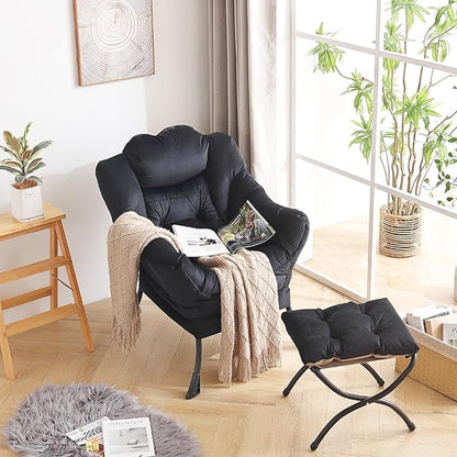 LITA Lazy Chair with Ottoman, Modern Accent Leisure Upholstered Sofa, Contemporary Lounge Reading Chair with Armrests and a Side Pocket for Living Room, Bedroom & Small Space, Black