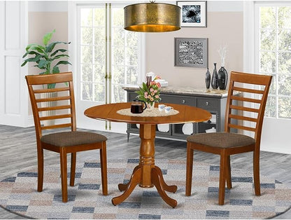 East West Furniture DLML3-SBR-C 3 Piece Dining Set Contains a Round Dining Room Table with Dropleaf and 2 Linen Fabric Upholstered Kitchen Chairs, 42x42 Inch, Saddle Brown
