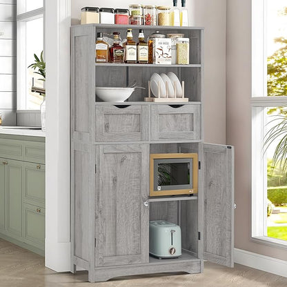Iwell Tall Storage Cabinet with 2 Drawers & Adjustable Shelf, Bathroom Cabinet with Doors, Cupboard, Kitchen Cabinets for Living Room, Dining Room, Entryway, Grey
