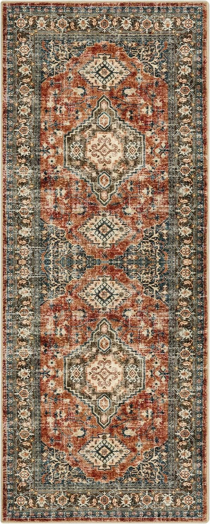 Lahome Oriental Small Area Rug, 2x4 Washable Entryway Rug Non-Slip Ultra-Thin Indoor Door Mat Distressed Throw Carpet for Kitchen Bedroom, Brick Red