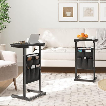 HOOBRO C Shaped End Table Set of 2, Small Side Table for Couch with Storage Bag, Slide Under Sofa, TV Tray for Small Place, Sturdy Frame, Living Room, Bedroom, Black BB40SFP201