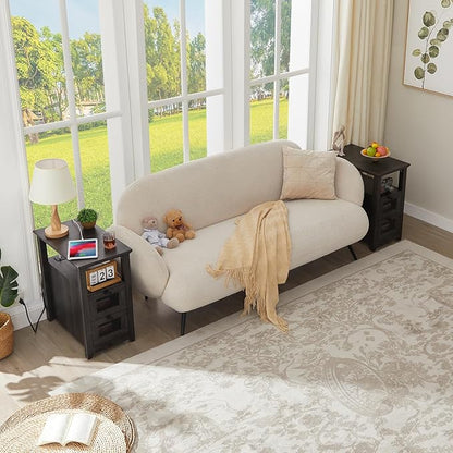 Farmhouse XXL End Table with Charging Station, Narrow Side Table with USB Ports and Outlets, Nightstand with 2 Drawers Storage, Grey Bedside Tables for Living Room, Bedroom