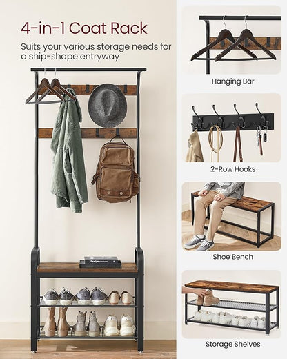 VASAGLE 5-Tier Industrial Bookshelf and 4-in-1 Entryway Coat Rack with Shoe Bench