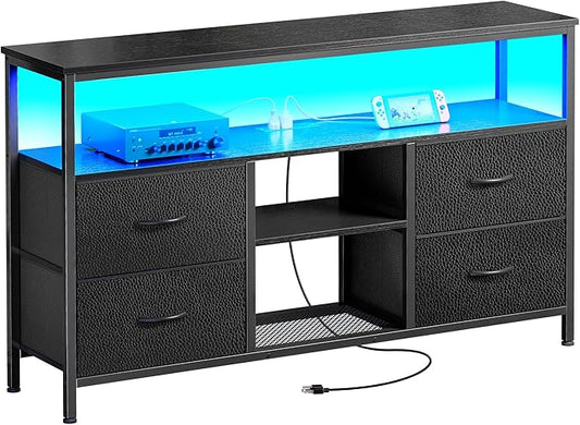 Huuger 47 Inch TV Stand Dresser with Power Outlets and LED Lights, 4 Drawers Entertainment Center with Open Shelf, Media Console for 55 50 Inch TV, Dresser with PU Finish, Black