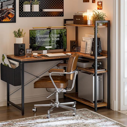 47 Inch L Shaped Computer Desk with Reversible Storage Shelves, Home Office Corner Desk Study Writing Table with Hutch, Study, Rustic Brown
