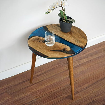20" Resin Walnut Round Side Table | Epoxy End Table | Coffee Table | Mid Century Modern Resin Walnut | Living Room Furniture | Blue Color