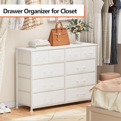 Furnulem Bedroom Dresser White for 55”Long TV Stand Entertainment Center Dressers & Chests of Drawers,10 Storage Fabric Drawer, Sturdy Metal Frame Tall Storage Cabinet for Living Room, Entryway