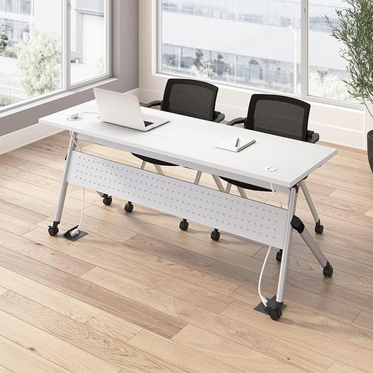 Bush Business Furniture Folding Training Table Set for 2, 72 inch Desk with Powered Grommets and 2 Chairs with Arms, Commercial-Grade Bundle for Office or Classroom, Envision Collection, White