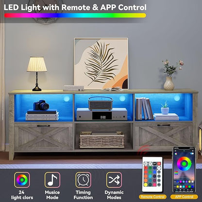 DWVO 70 Inch Farmhouse TV Stand with LED Lighting, Fits TVs up to 80 Inches, Media Console with Storage and Customizable Divider, Entertainment Center for Living Room (Grey)