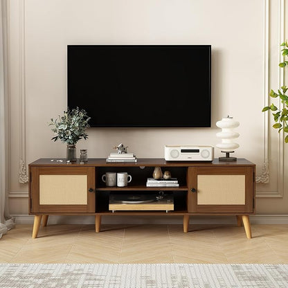 TV Stand for TVs up to 65 inches, Rattan Grain Finish Panel with 2 Storage cabinets, Modern Minimalist Style, Living Room, Audio-Visual Room for Multiple Rooms,3 Colors Available (Walnut)