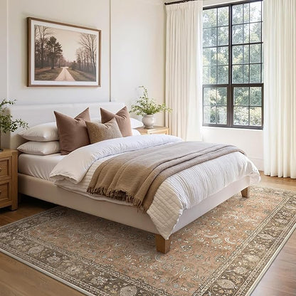 10X12 Area Rugs Machine Washable Rugs for Living Room, Vintage Boho Large Rugs for Bedroom Dining Room, Non Slip Indoor Soft Distressed Lightweight Thin Low Pile Carpet, Chestnut