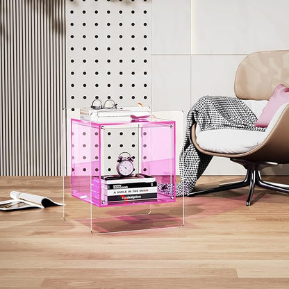 Acrylic Nightstand Colorful Bedside Table with Open Storage Shelf,Clear Side Table for Living Room (1, Pink)
