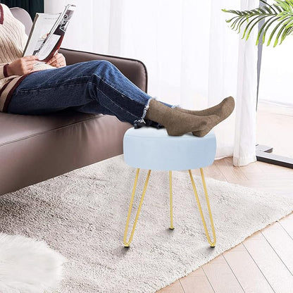 GERANT Multifunctional Vanity Stool - Velvet Footrest Stool-Upholstered Chair Stool -Ottoman Round Modern Dressing Chair - Side Coffee Table Seat with Golden Metal Leg for Living Room (Light Blue)