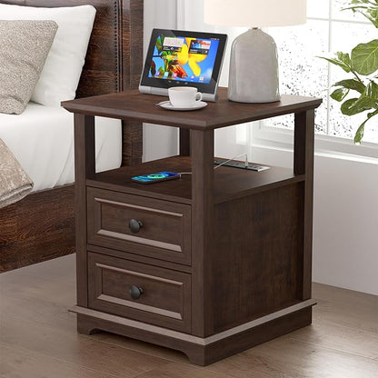 18" Wide End Table with Fast Charging Station Set of 2, 18” Wide Sofa Side Table with Drawers,End Table with Drawers for Living Room,Cherry