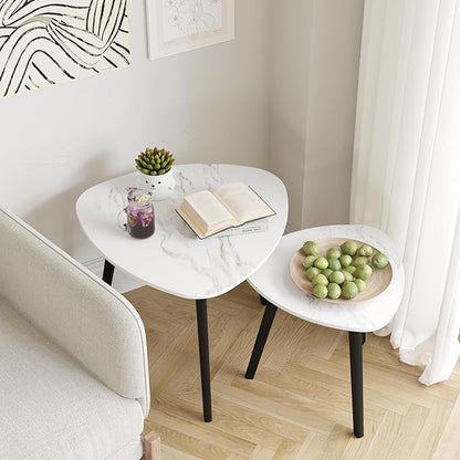 BAMEOS Bamboo Nesting Triangle End Table,Set of 2 Coffee Table Modern Minimalist Side Table for Living Room (Marble White)