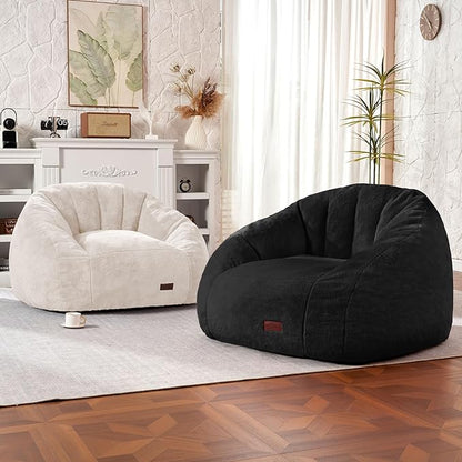 HABUTWAY Bean Bag Chair, Giant Bean Bag Chairs for Adults with Ottoman, Comfy Faux Fur Shell-Shaped Bean Bag Couch, Sofa Chair for Living Room, Bedroom, White
