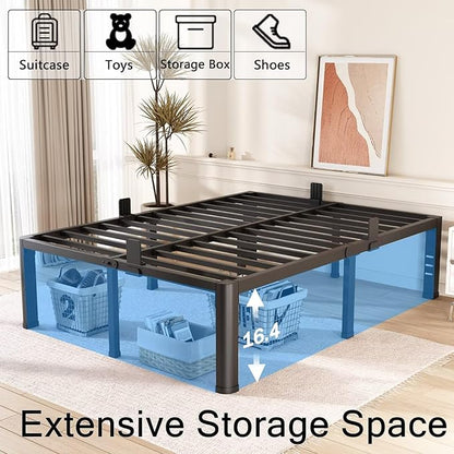FUIOBYVV 18 Inch Queen Bed Frame with Rounded Corner and Headboard Hole Mattress Retainers 3500 LBS Metal Heavy Duty Steel Slats Support No Box Spring Needed Platform Noise Free Easy Assembly