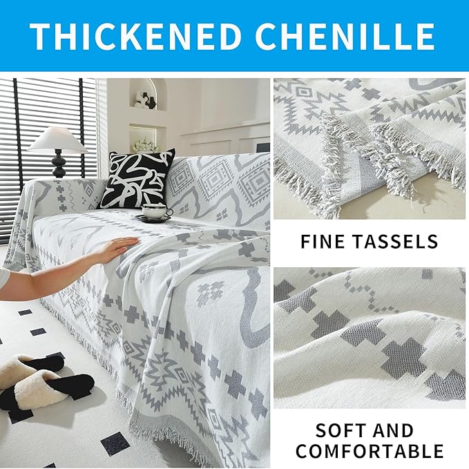 LUFEIJIASHI Boho Couch Covers for Sofa Non Slip Sofa Covers Washable Couch Covers for 3 Cushion Couch Sofa Pet Friendly Sectional Couch Cover Blanket Furniture Protector for Dogs (Grey, 71"x118")