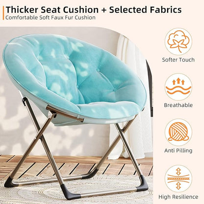 Comfy Saucer Chairs, Blue Folding Reading Lounge Chair, Cozy Faux Fur Living Room Chair with Soft Thick Padded Seat & Metal Frame, Modern Style Bedroom Home for Kids Adults, X-Large, Gold Legs