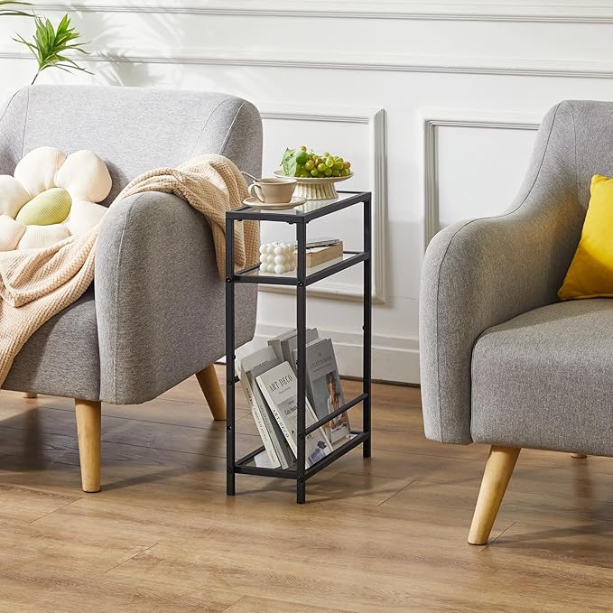 IBUYKE Narrow Side Table with Storage Shelf, 3 Tier Slim End Table,Modern Sofa Table, Small Nightstand, Telephone Table for Small Spaces,for Living Room, Bedroom, Black UTMZ002B