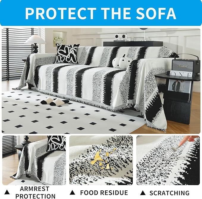 LUFEIJIASHI Boho Couch Covers for Sofa Non Slip Sofa Covers Washable Couch Covers for 3 Cushion Couch Sofa Pet Friendly Sectional Couch Cover Blanket Furniture Protector for Dogs (Black, 91"x150")