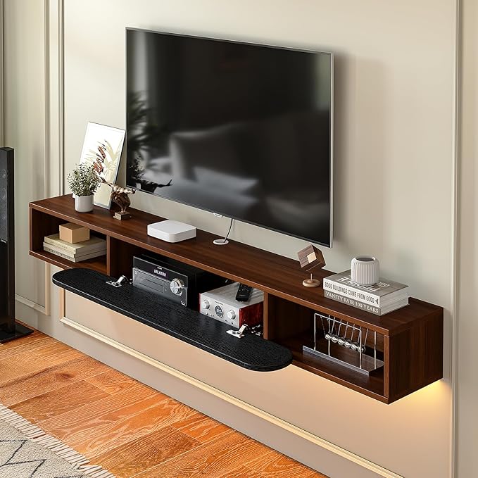 Floating TV Stand Wall Mounted 70'', Modern Media Console with 2 Open Cabinets and 1 Door,Wall Mount TV Console for Living Room Bedroom,Walnut and Black