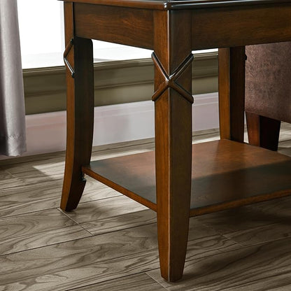 Solid Wood Side Table with Storage Shelf, Cherry Wood End Tables Living Room, Traditional Style End Table, Vintage Beside Table with Curved Legs for Apartment, Cherry Walnut Accent Table CJZ-DR200