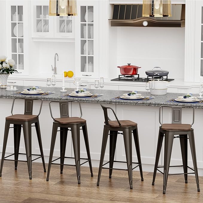 26 Inch Swivel Bar Stools Set of 4 with Backs Counter Height Industrial Metal Barstools Island Bar Chairs for Home Kitchen Dining Room (Swivel 26 inch,Rusty Wooden)