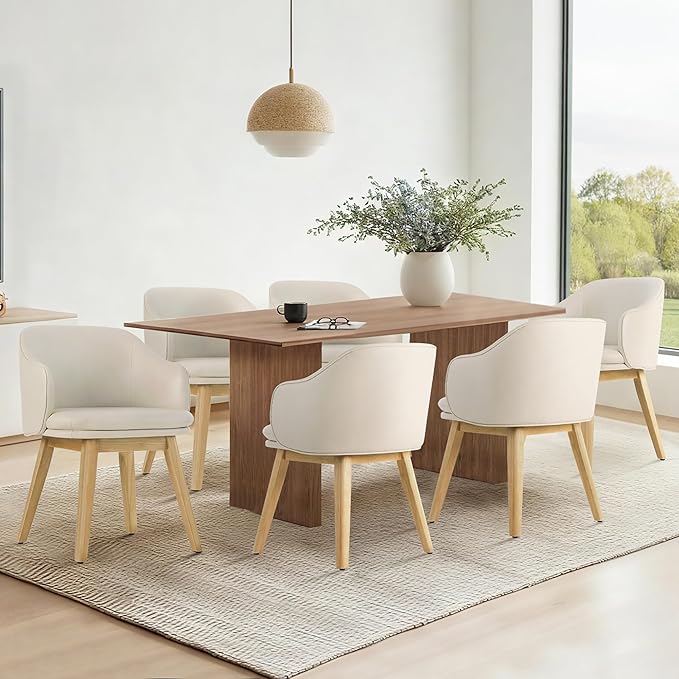 Wooden Dining Chairs Set of 2, Faux Leather Upholstered Modern Dining Room Chairs with Barrel Backrest & Double-Layer Thick Cushion for Living Room, Restaurant, Kitchen and Café, Beige