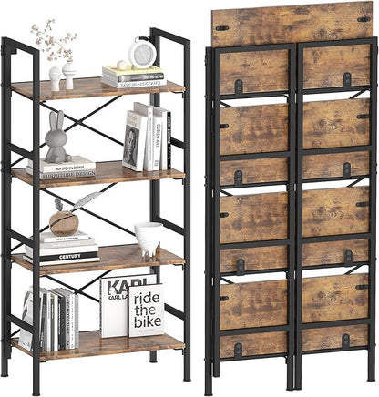 Folding Bookshelf,4 Tier Bookcase Foldable Shelf with X-Bracket Design, Adjustable Feet, Space Saving Storage for Living Room, Office, Rustic Brown