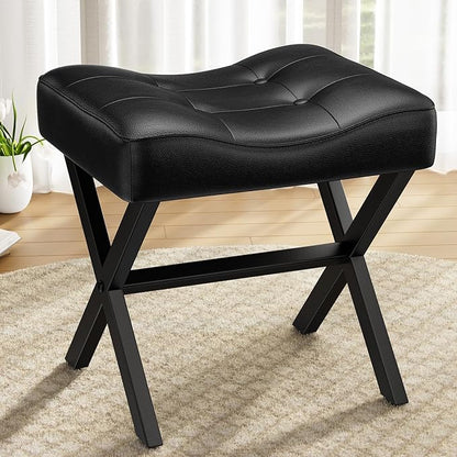 18-Inch Large Leather Vanity Stool, Vanity Chair with Metal X-Leg, Ottoman Foot Stool with Thick Padded Saddle Seat, Black