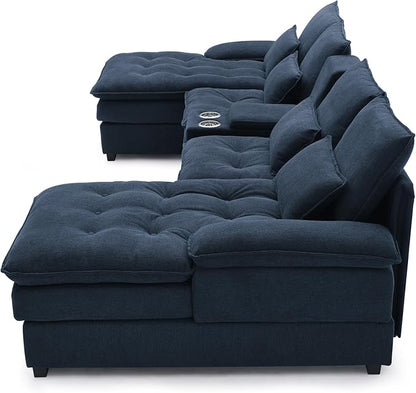 130" U-Shaped Sectional Sofa with Storage Console & Cup Holders, Upholstered 6 Seat Living Room Sleeper Couch Furniture Set w/Chaise, Cloud Cushion Couch for Home, Office, Apartment,Blue