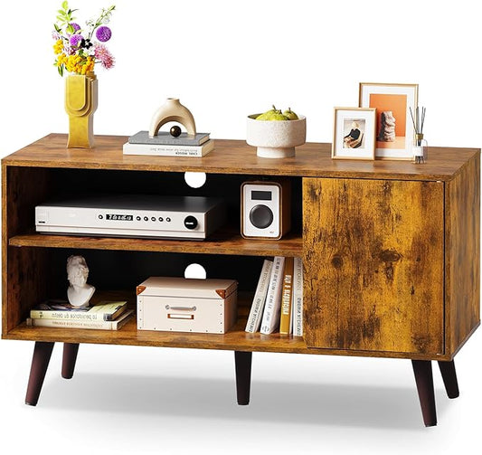 WLIVE TV Stand for 43 Inch TV, Small Entertainment Center with Storage Cabinet & Adjustable Shelves, Mid-Century Modern TV Stands for Living Room and Bedroom, 32" TV Console, Brown