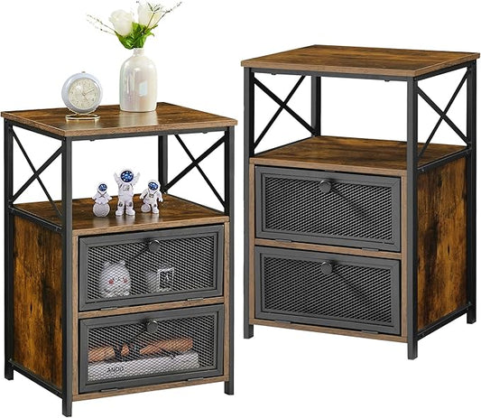 VECELO Modern Night Stand, End Side Table with Storage Space and Door, Nightstands with Flip Drawers for Living Room,Bedroom,Lounge,Set of 2, Brown