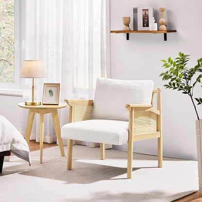 Yaheetech Accent Chair, Boucle Vanity Chair with Rattan Back Arms, Mid Century Chair Upholstered Living Room Chair Lounge Chair Bedroom Balcony White