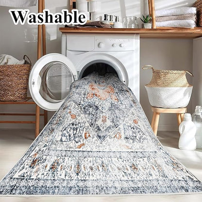 Area Rug 8x10 Washable Rug Orange Gray Vintage Traditional Mat Distressed Indoor Foldable Thin Retro Accent Floral Print Non Slip Carpet Living Room Dining Room Office