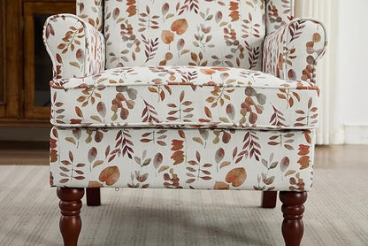 Ball & Cast Modern Accent Chair,Comfy Upholstered Armchair with Retro Wood Legs,Floral Design Single Sofa Chair,Living Room Furniture for Apartment,Bedroom,Office,Linen Fabric,Floral Yellow