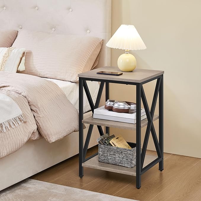 Yaheetech End Table Living Room, 3-Tier Side Table with Storage Shelves for Home Office, Industrial X Design Sofa Tables with Strong Metal Frame, Easy Assembly, Gray