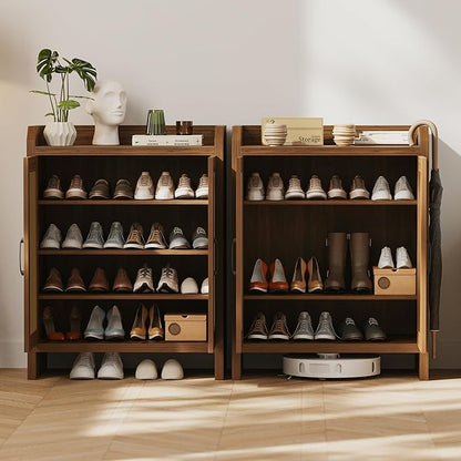 Shoe Cabinet Storage for Entryway, Natural Rattan Storage Cabinet, Wooden Shoe Rack, Farmhouse Boho Wood Shoe Organizer Cabinet for Hallway Walnut