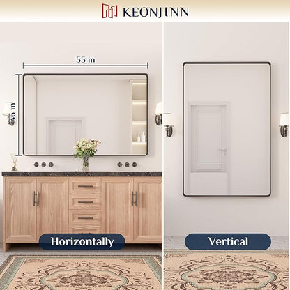 Keonjinn Black Mirror for Bathroom Sink 55 x 36 Inch Large Rounded Rectangle Bathroom Vanity Mirror, Matte Black Farmhouse Mirror, Anti-Rust, Shatter-Proof HD Tempered Glass(Horizontal/Vertical)