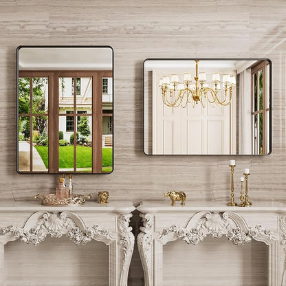 24X36 Inch Black Bathroom Mirror, Black Metal Framed Mirror for Wall, Rounded Rectangle Matte Bathroom Vanity Mirror with Tempered Glass, Anti-Rust, Horizontal/Vertical