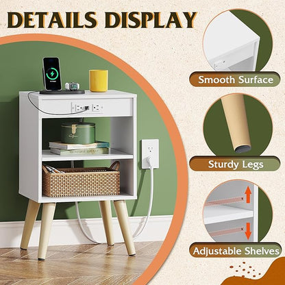 WLIVE White Nightstand, Bedside Tables, Night Stand with Charger Station, Side Table with Storage Shelf, End Table with USB Ports and Outlets for Bedroom, 15.12" D x 11.73" W x 23.74" H