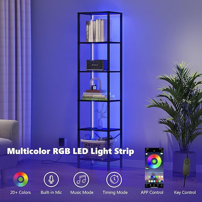 6-Tier Bookshelf, Tall Narrow Bookcase with LED Lights, Book Shelf with Steel Frame, Display Storage Shelf for Living Room, Bedroom, Home Office, Study, Balcony, Black