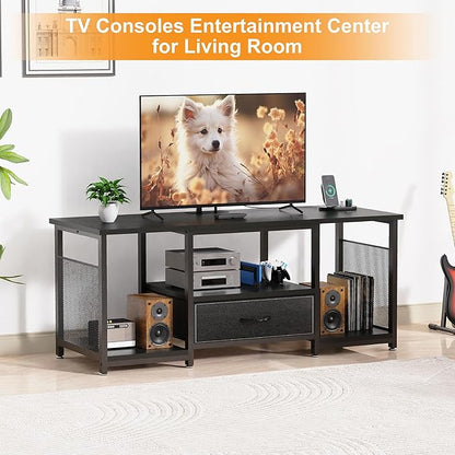 TV Stand with Drawers and Power Outlet for 65 60 55 Inch TV, Entertainment Center with Open Storage Shelves, Industrial Media TV Console Table for Living Room Bedroom Office, Black