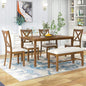 Ball & Cast 6 Piece Dining Table Set with 4 "X-Shaped Curved Backres Fabric Chairs & 1 Bench,Living Room Furniture W/ 60" Rectangle Kitchen Desk,for Restaurant,Home Bistro,Natural Cherry